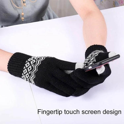Winter Touch Screen Gloves Unisex Everyday Warm Mittens - black knit touchscreen winter gloves with patterned cuff shown using smartphone