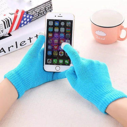 Winter Touch Screen Gloves Unisex Everyday Warm Mittens - bright blue touchscreen knit gloves using smartphone, adult fit, mix fiber warmth, everyday commute