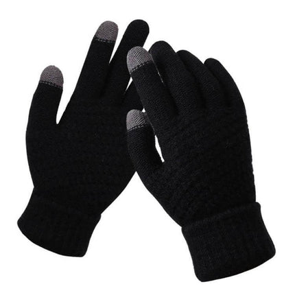 Winter Touch Screen Gloves Unisex Everyday Warm Mittens - black knit touchscreen winter gloves for adults with grey tips, warm commute and driving mittens