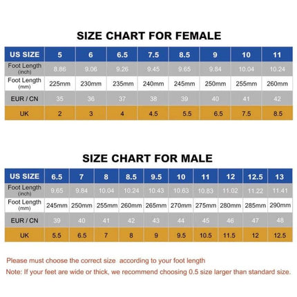 Winter Velvet Insoles Height Increase 1.5 To 3.5 Cm size chart showing US, EU, UK and foot length for male and female shoes
