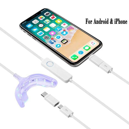 Wire-Controlled Teeth Whitening Device For Home Use powered by smartphone with blue LED mouth tray and adapters for Android & iPhone