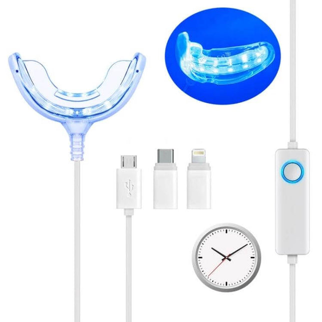Wire-Controlled Teeth Whitening Device For Home Use with 16 blue LEDs, smartphone-powered adapter and sync button, compatible with whitening gel