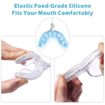 Wire-Controlled Teeth Whitening Device For Home Use showing elastic food-grade silicone U-shaped mouth tray with 16 blue LED lights and smartphone wire adapter