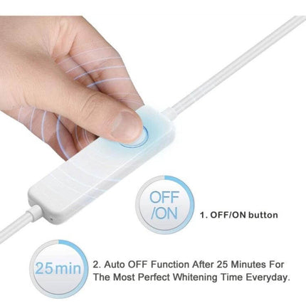 Wire-Controlled Teeth Whitening Device For Home Use showing hand pressing ON/OFF button with auto-off 25-minute timer and wire connection to smartphone
