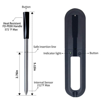 Wireless Bluetooth BBQ Probe Thermometer For Grilling With App stainless steel probe and compact wireless transmitter showing dimensions and indicator light