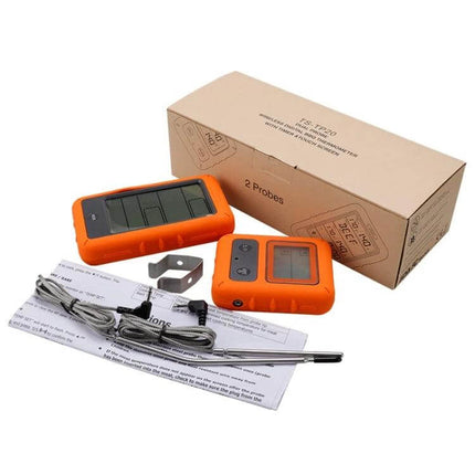 Wireless Food Thermometer Dual-Channel Touch Screen for Home Cooking with orange dual units, probes, and receiver set