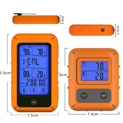 Wireless Food Thermometer Dual-Channel Touch Screen for Home Cooking - orange dual-display wireless meat thermometer with blue backlit screens and dimensions