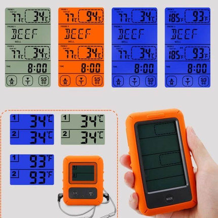 Wireless Food Thermometer Dual-Channel Touch Screen for Home Cooking showing blue-backlit dual-temperature display and orange receiver (handheld)