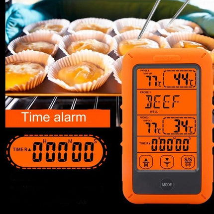 Wireless Food Thermometer Dual-Channel Touch Screen for Home Cooking shown monitoring two probes in an oven with blue-backlit dual readings and time alarm