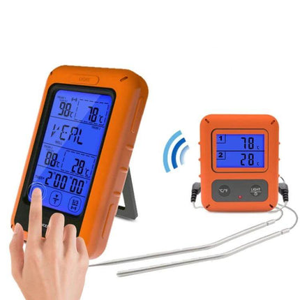 Wireless Food Thermometer Dual-Channel Touch Screen for Home Cooking showing orange dual-unit with blue backlit displays and probes