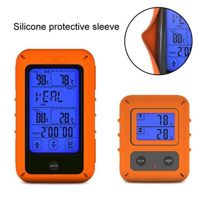 Wireless Food Thermometer Dual-Channel Touch Screen for Home Cooking showing orange silicone protective sleeve with blue backlit dual-display