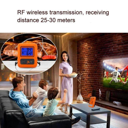 Wireless Food Thermometer Dual-Channel Touch Screen for Home Cooking showing dual-display transmitter and receiver monitoring two meats from 25-30m away
