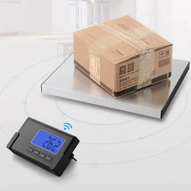 Wireless Portable Express Scale For Animal Weighing showing package on stainless platform with wireless display
