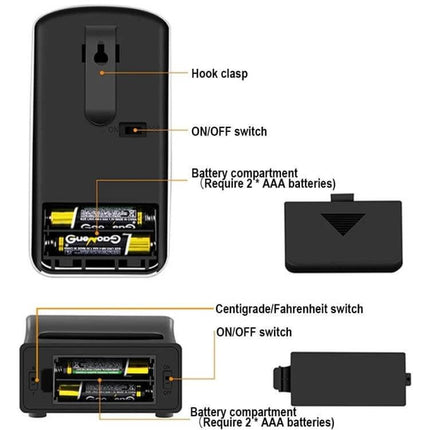 Wireless Remote BBQ Thermometer Dual Probe for Grilling and Roasting digital receiver back view showing battery compartments, ON/OFF and C/F switches