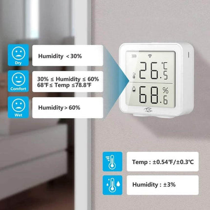 Wireless Smart Digital Home Thermometer for Remote Monitoring digital display showing 26.5°C and 68% humidity for nursery, greenhouse, wine cellar monitoring