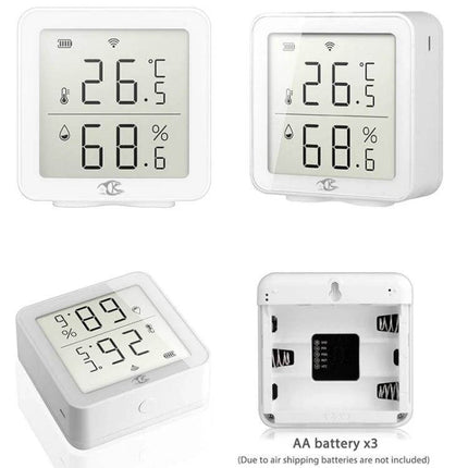 Wireless Smart Digital Home Thermometer for Remote Monitoring showing digital temperature and humidity display, WiFi icon, and AA battery compartment