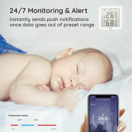 Wireless Smart Digital Home Thermometer for Remote Monitoring showing nursery monitoring with sleeping baby, app alert and digital display