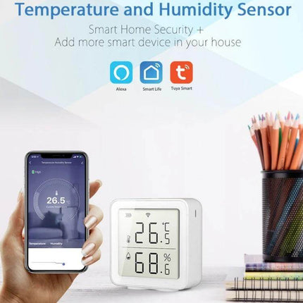 Wireless Smart Digital Home Thermometer for Remote Monitoring showing device display and phone app with 26.5°C and 68% humidity