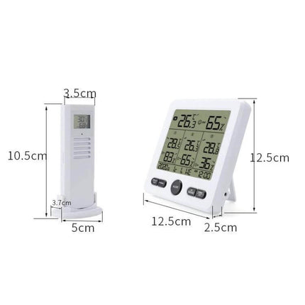 Wireless Thermometer And Hygrometer With Color Alarm showing indoor display unit and outdoor sensor with dimensions