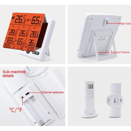 Wireless Thermometer And Hygrometer With Color Alarm showing indoor host with orange color alert screen and outdoor sensor set
