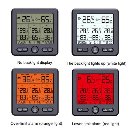 Wireless Thermometer And Hygrometer With Color Alarm showing indoor/outdoor readings and color alert backlight modes