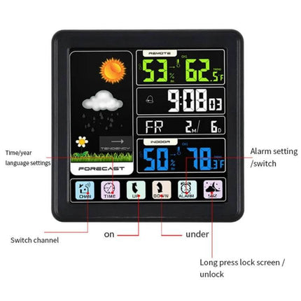 Wireless Weather Clock With Wood Grain Finish For Home Use compact display showing forecast, time, indoor temperature and humidity
