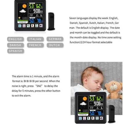 Wireless Weather Clock With Wood Grain Finish For Home Use - compact battery/DC weather station showing temperature, humidity, forecast icons