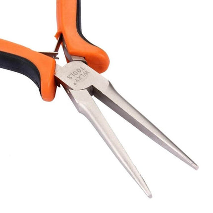 WLXY 4.5-Inch Needle-Nose Pliers For Electronics Repair – close-up of long slim jaws and orange black grip, precision tool for gripping wires and small components