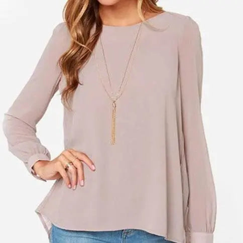 Women Chiffon Shirt Round Neck Long-Sleeved Slim Top