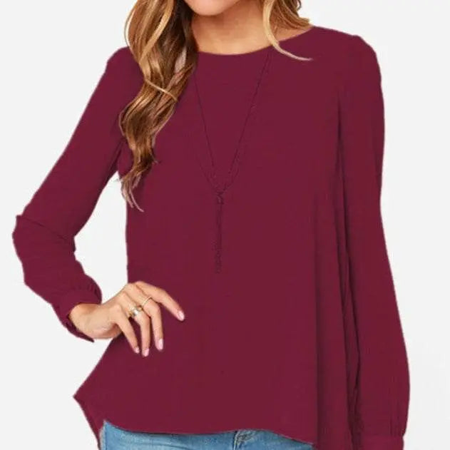 Women Chiffon Shirt Round Neck Long-Sleeved Slim Top