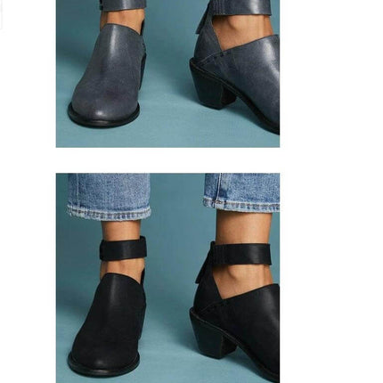 Women's Cutout Buckle Ankle Boots With Back Zipper Casual in black faux leather shown with ankle strap and low heel