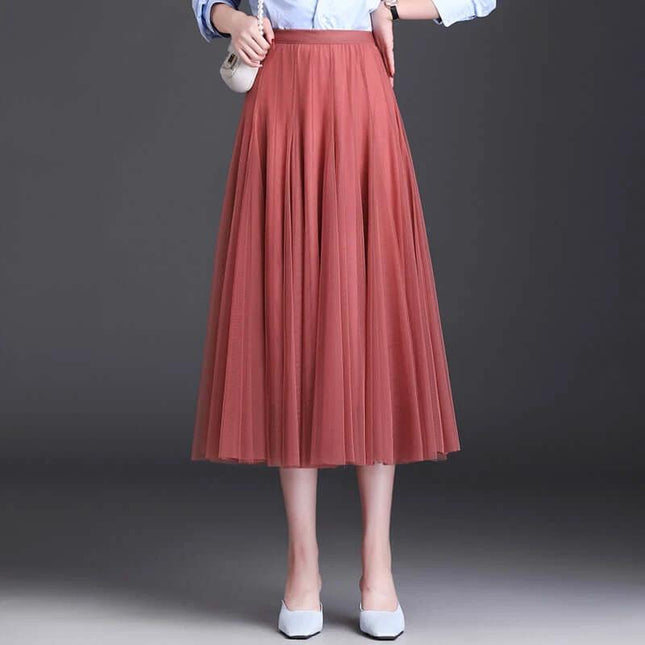 Alt Tag: Womens Mid-Waist Pleated Mesh Lace Skirt Black Everyday Wear - rust midi pleated mesh skirt styled with blouse and heels for office or casual