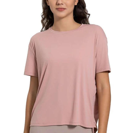 Women's Short Sleeve Side Drawstring Yoga Top Cotton Blend in lead powder pink, hip-length pullover with side cinch for adjustable fit