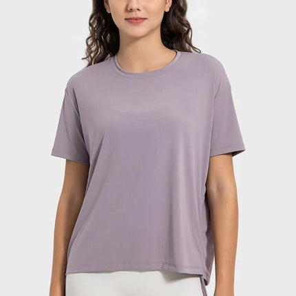 Women's Short Sleeve Side Drawstring Yoga Top Cotton Blend in lead powder, hip-length pullover with side drawstring for adjustable fit