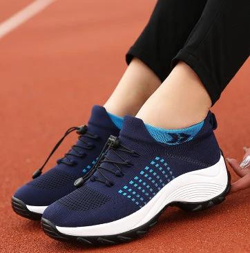 Women's Slip-On Breathable Knit Walking Shoes, Large Size Low Cut in navy knit with PU sole for city walks, travel and light hiking, breathable