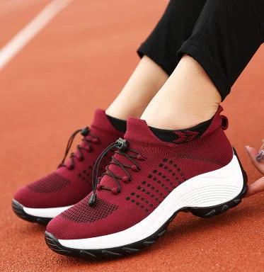 Women's Slip-On Breathable Knit Walking Shoes, Large Size Low Cut in burgundy knit with PU sole for city walks and light hiking, easy on/off