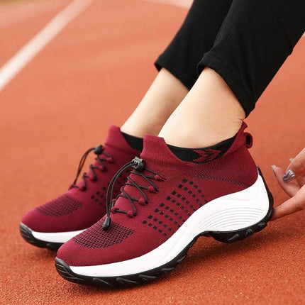 Women's Slip-On Breathable Knit Walking Shoes, Large Size Low Cut in burgundy knit with PU sole for city walks, travel and casual hikes