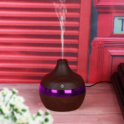 Wood Grain USB Waterdrop Aromatherapy Humidifier For Desk - compact 300ml wood grain desktop diffuser with USB power and soft LED band