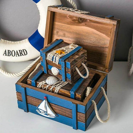 Wooden 3 In 1 Storage Box For Jewelry And Small Items - handcrafted vintage-treated wood set with three sizes for jewelry, cosmetics, keys (nautical design)