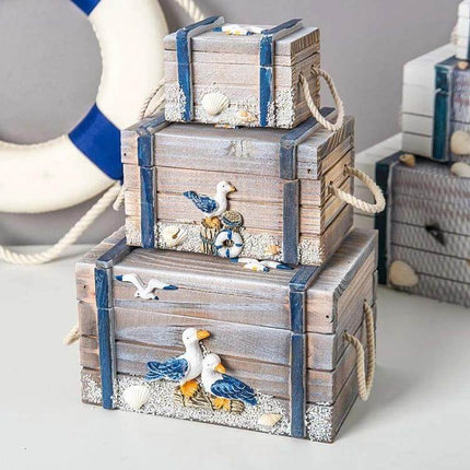 Wooden 3 In 1 Storage Box For Jewelry And Small Items - handcrafted vintage-look wooden storage boxes set with rope handles and seaside seagull decor