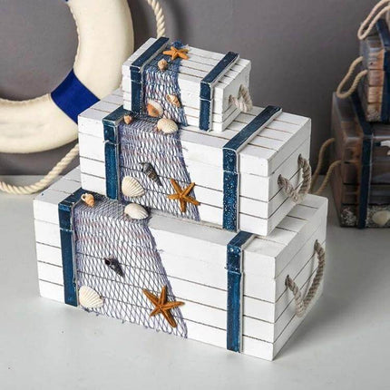 Wooden 3 In 1 Storage Box For Jewelry And Small Items - handcrafted white vintage-treated wooden boxes with rope handles, nautical net, shells and starfish
