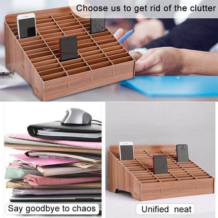 Wooden 30-Grid Phone Display Stand for Desktop, Black - eco-friendly wooden 30-cell desk organizer for phones, demos, testing and retail display