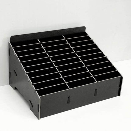Wooden 30-Grid Phone Display Stand for Desktop, Black - eco-friendly matte black 30-cell organizer for phones on desk, retail or reception