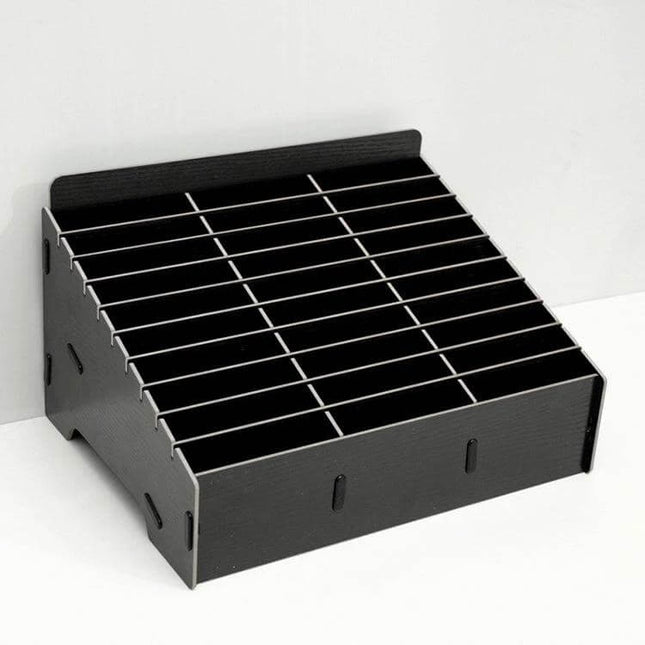 Wooden 30-Grid Phone Display Stand for Desktop, Black - eco-friendly matte black 30-cell organizer for phones on desk, retail or reception