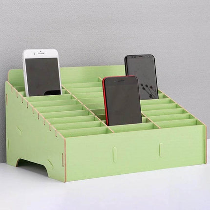 Wooden 30-Grid Phone Display Stand for Desktop, Black — eco-friendly wooden 30-cell desktop organizer holding multiple phones for retail or office use
