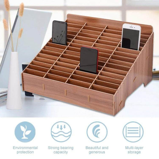 Wooden 30-Grid Phone Display Stand for Desktop, Black showing 30-cell wooden organizer with three phones on a desk