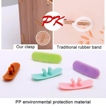 Wooden 30-Grid Phone Display Stand for Desktop, Black showing clasp detail and colorful PP clasp inserts for secure device slots