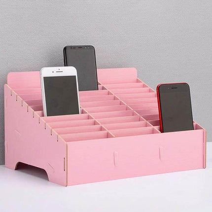 Wooden 30-Grid Phone Display Stand for Desktop, Black - matte black eco-friendly wooden 30-cell organizer for phones on desk