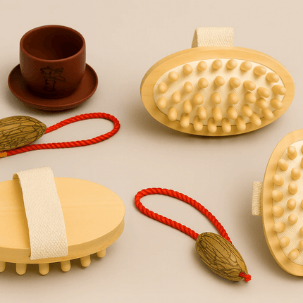 Wooden Body Massage Brush For Daily Home Relaxation And Self Care showing natural wood ergonomic handle and massage nodules for at-home self-care