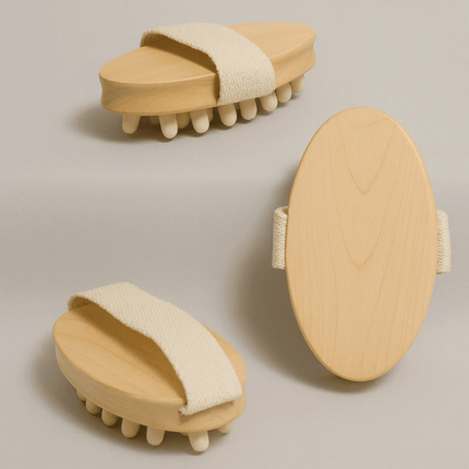 Wooden Body Massage Brush For Daily Home Relaxation And Self Care - ergonomic natural wood handheld brush with strap and wooden massage nodes